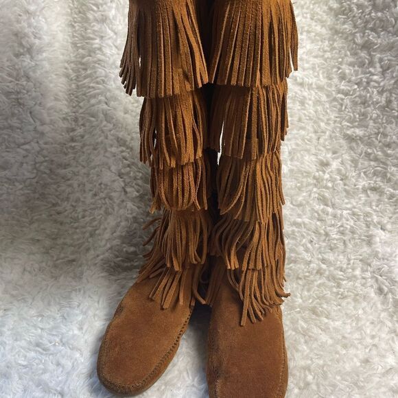 MINNETONKA Brown leather suede3 layer Tier Fringe Moccasin Boots side zipper SZ7 - Picture 3 of 10